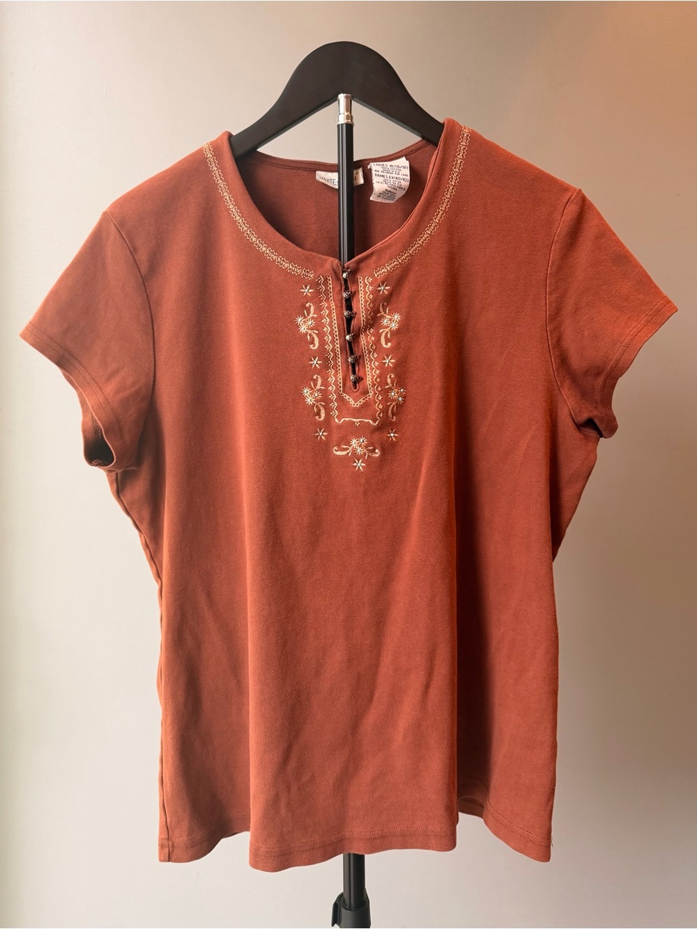 White Stag Embroidered Floral 100% Cotton Button Tshirt XL Western Boho Brown